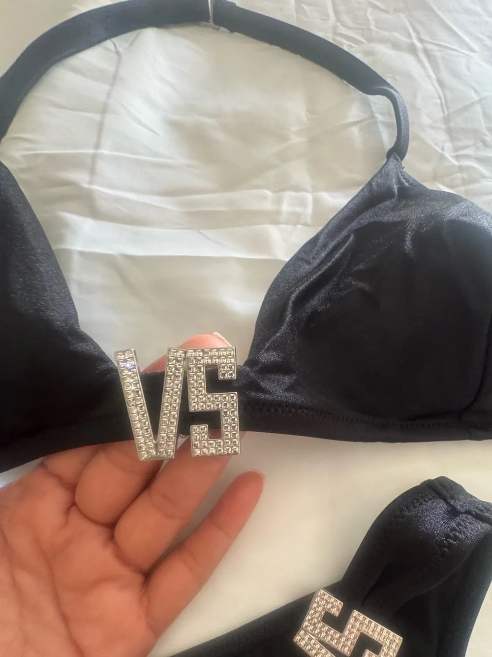Victoria's Secret Black Rhinestone VS Logo Triangle Bikini